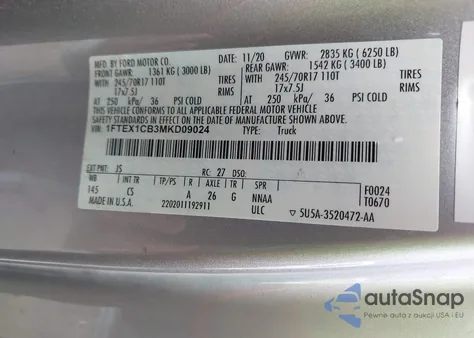 2021 Ford F-150 Xl z USA, uszkodzony, nr VIN 1FTEX1CB3MKD09024